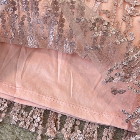 Lulu’s Pink Peach Lace Fringe Criss Cross Tie Open Back Dress - Picture 4 of 11